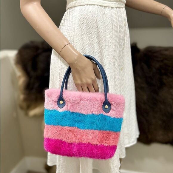 Colorful Striped Handmade Real Mink Fur Mini Tote/Crossbody & Pony Bag Charm - Picture 2 of 16